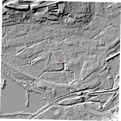 Shaded relief map of the ground around WD31DP, computed from Environment Agency LiDAR. The ground here sits at about 46 m above sea level and falls 16 m across the surrounding 800 m. Surface water reaching this point runs off ground lying to the east-south-east, 1.6 m higher.