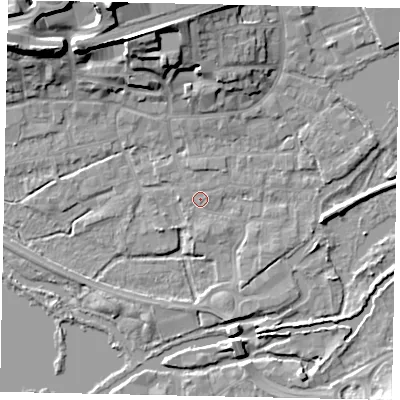 Shaded relief map of the ground around WD31DQ, computed from Environment Agency LiDAR. The ground here sits at about 47 m above sea level and falls 22 m across the surrounding 800 m. Surface water reaching this point runs off ground lying to the south-south-east, 1.2 m higher.