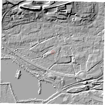 Shaded relief map of the ground around WD31DR, computed from Environment Agency LiDAR. The ground here sits at about 47 m above sea level and falls 17 m across the surrounding 800 m. Surface water reaching this point runs off ground lying to the west-south-west, 1.2 m higher.