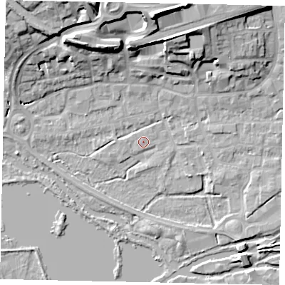 Shaded relief map of the ground around WD31DS, computed from Environment Agency LiDAR. The ground here sits at about 47 m above sea level and falls 24 m across the surrounding 800 m. Surface water reaching this point runs off ground lying to the north, 21.5 m higher.