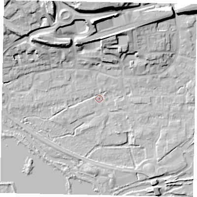 Shaded relief map of the ground around WD31DT, computed from Environment Agency LiDAR. The ground here sits at about 47 m above sea level and falls 27 m across the surrounding 800 m. Surface water reaching this point runs off ground lying to the north, 21.5 m higher.