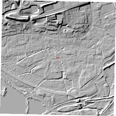 Shaded relief map of the ground around WD31DW, computed from Environment Agency LiDAR. The ground here sits at about 46 m above sea level and falls 22 m across the surrounding 800 m. Surface water reaching this point runs off ground lying to the south-east, 1.5 m higher.