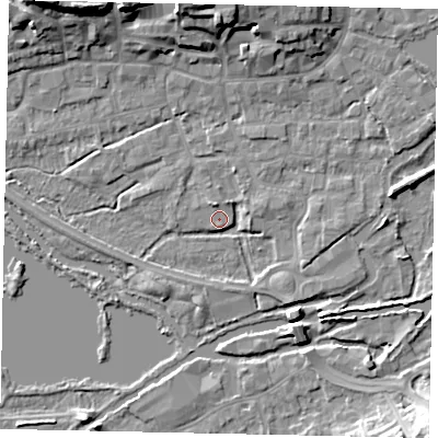 Shaded relief map of the ground around WD31DX, computed from Environment Agency LiDAR. The ground here sits at about 46 m above sea level and falls 15 m across the surrounding 800 m. Surface water reaching this point runs off ground lying to the north-north-east, 7.4 m higher.