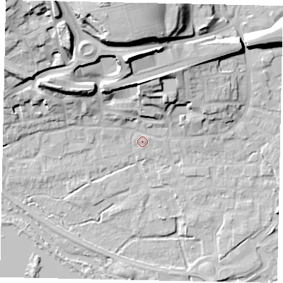 Shaded relief map of the ground around WD31ED, computed from Environment Agency LiDAR. The ground here sits at about 47 m above sea level and falls 27 m across the surrounding 800 m. Surface water reaching this point runs off ground lying to the north, 13.2 m higher.