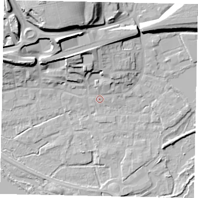 Shaded relief map of the ground around WD31EF, computed from Environment Agency LiDAR. The ground here sits at about 48 m above sea level and falls 27 m across the surrounding 800 m. Surface water reaching this point runs off ground lying to the north-north-east, 5.4 m higher.