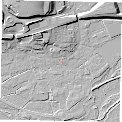 Shaded relief map of the ground around WD31EQ, computed from Environment Agency LiDAR. The ground here sits at about 48 m above sea level and falls 27 m across the surrounding 800 m. Surface water reaching this point runs off ground lying to the north, 4.7 m higher.