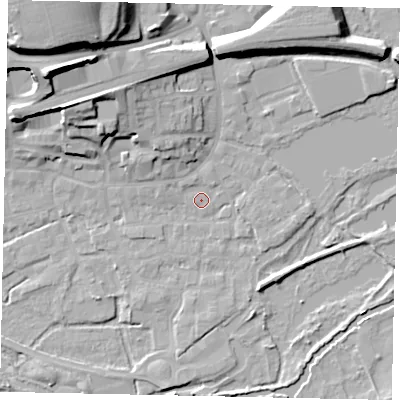Shaded relief map of the ground around WD31EY, computed from Environment Agency LiDAR. The ground here sits at about 47 m above sea level and falls 26 m across the surrounding 800 m. Surface water reaching this point runs off ground lying to the north-north-west, 1.3 m higher.