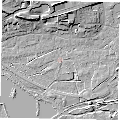 Shaded relief map of the ground around WD31FR, computed from Environment Agency LiDAR. The ground here sits at about 46 m above sea level and falls 23 m across the surrounding 800 m. Surface water reaching this point runs off ground lying to the north, 21.5 m higher.