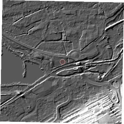 Shaded relief map of the ground around WD31FS, computed from Environment Agency LiDAR. The ground here sits at about 46 m above sea level and falls 35 m across the surrounding 800 m. Surface water reaching this point runs off ground lying to the west, 1.8 m higher.