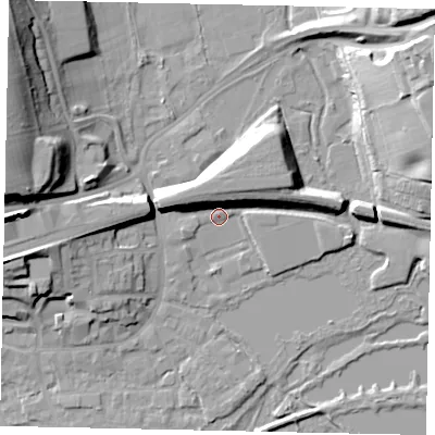 Shaded relief map of the ground around WD31FU, computed from Environment Agency LiDAR. The ground here sits at about 48 m above sea level and falls 28 m across the surrounding 800 m. Surface water reaching this point runs off ground lying to the west, 15.7 m higher.