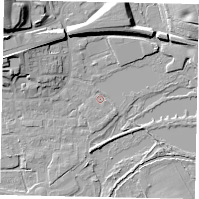 Shaded relief map of the ground around WD31GF, computed from Environment Agency LiDAR. The ground here sits at about 48 m above sea level and falls 24 m across the surrounding 800 m. Surface water reaching this point runs off ground lying to the south-south-east, 2.1 m higher.