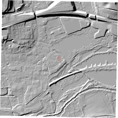 Shaded relief map of the ground around WD31GG, computed from Environment Agency LiDAR. The ground here sits at about 48 m above sea level and falls 22 m across the surrounding 800 m. Surface water reaching this point runs off ground lying to the south-south-east, 1.1 m higher.