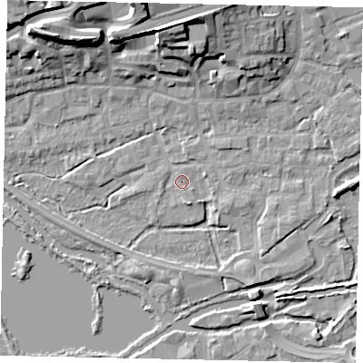 Shaded relief map of the ground around WD31GH, computed from Environment Agency LiDAR. The ground here sits at about 46 m above sea level and falls 19 m across the surrounding 800 m. Surface water reaching this point runs off ground lying to the south-south-east, 1.8 m higher.