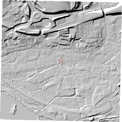 Shaded relief map of the ground around WD31GR, computed from Environment Agency LiDAR. The ground here sits at about 47 m above sea level and falls 26 m across the surrounding 800 m. Surface water reaching this point runs off ground lying to the north-east, 1.3 m higher.