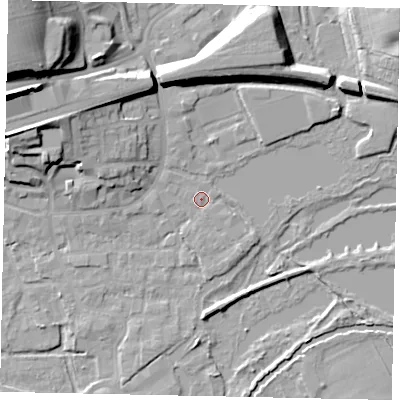 Shaded relief map of the ground around WD31HA, computed from Environment Agency LiDAR. The ground here sits at about 48 m above sea level and falls 26 m across the surrounding 800 m. Surface water reaching this point runs off ground lying to the north-west, 9.9 m higher.