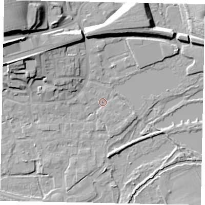 Shaded relief map of the ground around WD31HB, computed from Environment Agency LiDAR. The ground here sits at about 47 m above sea level and falls 26 m across the surrounding 800 m. Surface water reaching this point runs off ground lying to the north-west, 9.7 m higher.