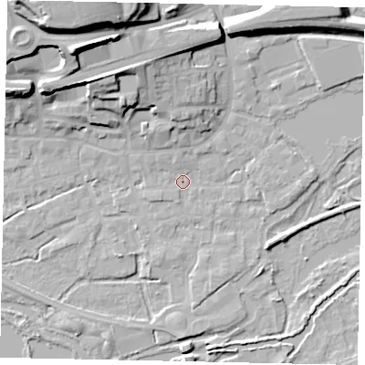 Shaded relief map of the ground around WD31HD, computed from Environment Agency LiDAR. The ground here sits at about 47 m above sea level and falls 26 m across the surrounding 800 m. Surface water reaching this point runs off ground lying to the north, 6.1 m higher.