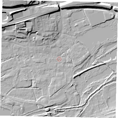 Shaded relief map of the ground around WD31HE, computed from Environment Agency LiDAR. The ground here sits at about 47 m above sea level and falls 25 m across the surrounding 800 m. Surface water reaching this point runs off ground lying to the north-north-west, 6.1 m higher.
