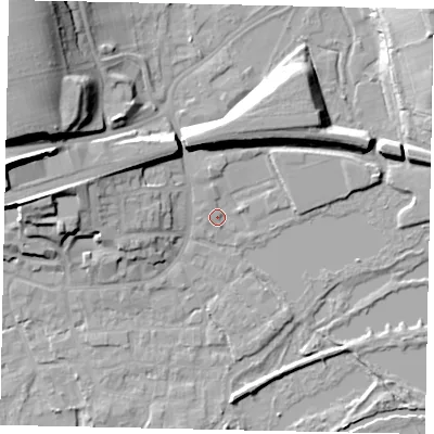 Shaded relief map of the ground around WD31HG, computed from Environment Agency LiDAR. The ground here sits at about 48 m above sea level and falls 27 m across the surrounding 800 m. Surface water reaching this point runs off ground lying to the north, 2.2 m higher.