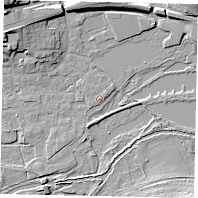 Shaded relief map of the ground around WD31HH, computed from Environment Agency LiDAR. The ground here sits at about 48 m above sea level and falls 23 m across the surrounding 800 m. Surface water reaching this point runs off ground lying to the south-south-west, 2.5 m higher.