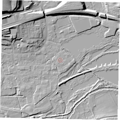 Shaded relief map of the ground around WD31HJ, computed from Environment Agency LiDAR. The ground here sits at about 48 m above sea level and falls 25 m across the surrounding 800 m. Surface water reaching this point runs off ground lying to the east-south-east, 1.1 m higher.