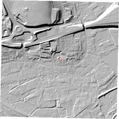 Shaded relief map of the ground around WD31HP, computed from Environment Agency LiDAR. The ground here sits at about 50 m above sea level and falls 28 m across the surrounding 800 m. Surface water reaching this point runs off ground lying to the north-north-west, 11.0 m higher.