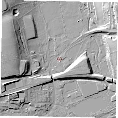 Shaded relief map of the ground around WD31HT, computed from Environment Agency LiDAR. The ground here sits at about 49 m above sea level and falls 26 m across the surrounding 800 m. Surface water reaching this point runs off ground lying to the west-north-west, 23.7 m higher.