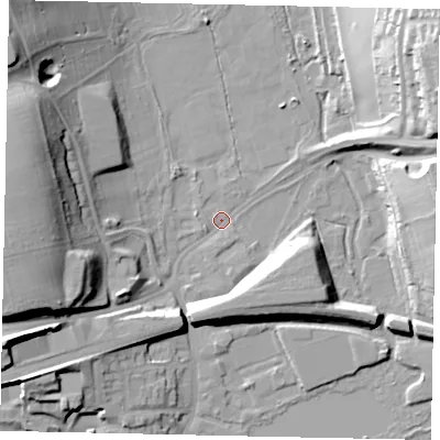 Shaded relief map of the ground around WD31HU, computed from Environment Agency LiDAR. The ground here sits at about 48 m above sea level and falls 28 m across the surrounding 800 m. Surface water reaching this point runs off ground lying to the north-east, 26.0 m higher.