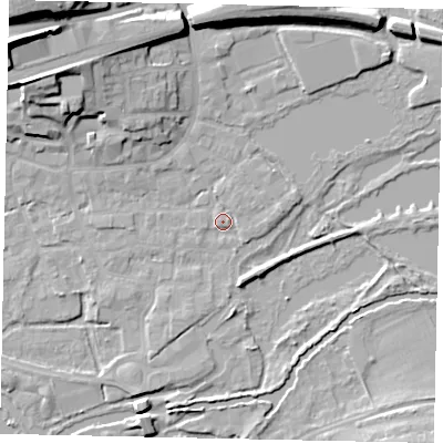 Shaded relief map of the ground around WD31HW, computed from Environment Agency LiDAR. The ground here sits at about 48 m above sea level and falls 25 m across the surrounding 800 m. Surface water reaching this point runs off ground lying to the east, 1.8 m higher.