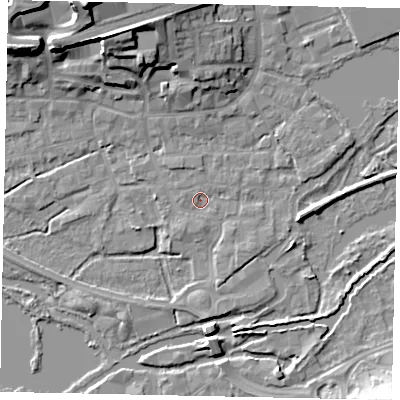 Shaded relief map of the ground around WD31JA, computed from Environment Agency LiDAR. The ground here sits at about 46 m above sea level and falls 22 m across the surrounding 800 m. Surface water reaching this point runs off ground lying to the south-south-west, 1.6 m higher.