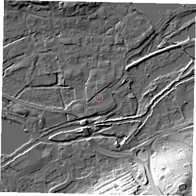 Shaded relief map of the ground around WD31JB, computed from Environment Agency LiDAR. The ground here sits at about 47 m above sea level and falls 34 m across the surrounding 800 m. Surface water reaching this point runs off ground lying to the south-south-east, 0.6 m higher.