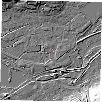 Shaded relief map of the ground around WD31JE, computed from Environment Agency LiDAR. The ground here sits at about 47 m above sea level and falls 27 m across the surrounding 800 m. Surface water reaching this point runs off ground lying to the north-north-east, 1.1 m higher.
