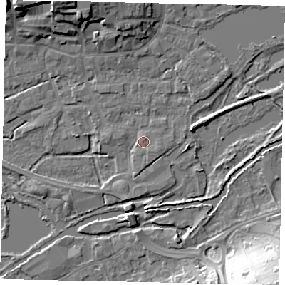Shaded relief map of the ground around WD31JF, computed from Environment Agency LiDAR. The ground here sits at about 48 m above sea level and falls 25 m across the surrounding 800 m. Surface water reaching this point runs off ground lying to the north-north-west, 6.3 m higher.