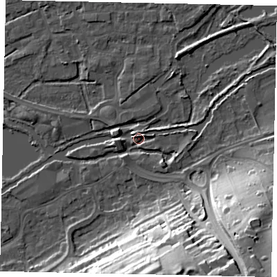 Shaded relief map of the ground around WD31JJ, computed from Environment Agency LiDAR. The ground here sits at about 47 m above sea level and falls 40 m across the surrounding 800 m. Surface water reaching this point runs off ground lying to the east-north-east, 3.4 m higher.