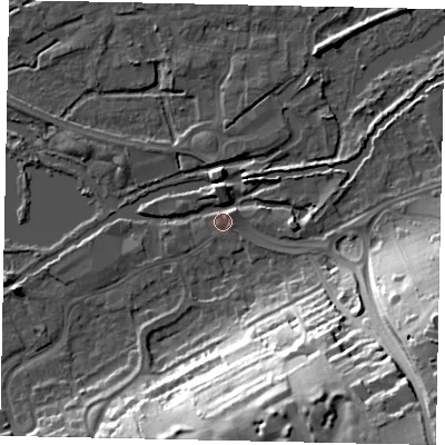 Shaded relief map of the ground around WD31JQ, computed from Environment Agency LiDAR. The ground here sits at about 47 m above sea level and falls 42 m across the surrounding 800 m. Surface water reaching this point runs off ground lying to the south-east, 41.4 m higher.