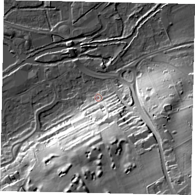 Shaded relief map of the ground around WD31JW, computed from Environment Agency LiDAR. The ground here sits at about 49 m above sea level and falls 53 m across the surrounding 800 m. Surface water reaching this point runs off ground lying to the south-south-east, 34.5 m higher.