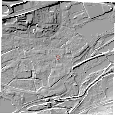 Shaded relief map of the ground around WD31JY, computed from Environment Agency LiDAR. The ground here sits at about 47 m above sea level and falls 22 m across the surrounding 800 m. Surface water reaching this point runs off ground lying to the north-north-west, 6.1 m higher.