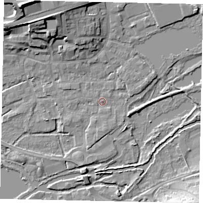 Shaded relief map of the ground around WD31LA, computed from Environment Agency LiDAR. The ground here sits at about 47 m above sea level and falls 22 m across the surrounding 800 m. Surface water reaching this point runs off ground lying to the north-north-west, 6.3 m higher.