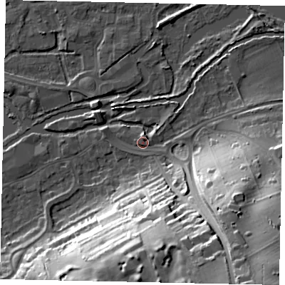 Shaded relief map of the ground around WD31LB, computed from Environment Agency LiDAR. The ground here sits at about 48 m above sea level and falls 46 m across the surrounding 800 m. Surface water reaching this point runs off ground lying to the south-east, 43.9 m higher.