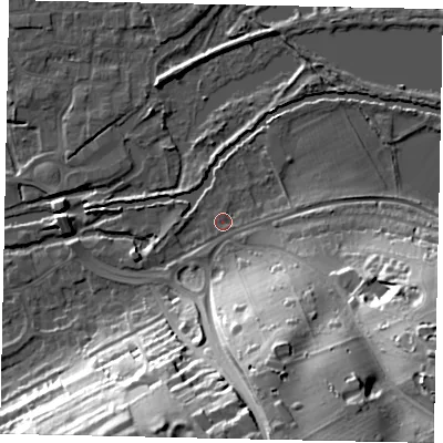 Shaded relief map of the ground around WD31LE, computed from Environment Agency LiDAR. The ground here sits at about 48 m above sea level and falls 41 m across the surrounding 800 m. Surface water reaching this point runs off ground lying to the east, 2.6 m higher.