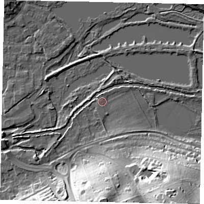 Shaded relief map of the ground around WD31LF, computed from Environment Agency LiDAR. The ground here sits at about 48 m above sea level and falls 37 m across the surrounding 800 m. Surface water reaching this point runs off ground lying to the south-east, 3.2 m higher.