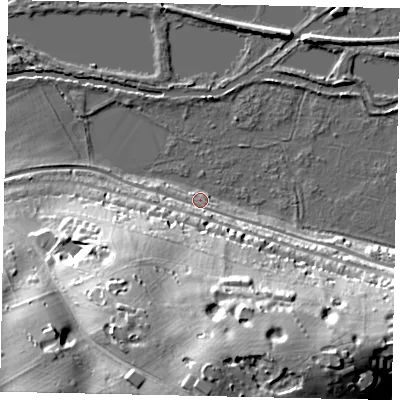 Shaded relief map of the ground around WD31LR, computed from Environment Agency LiDAR. The ground here sits at about 49 m above sea level and falls 46 m across the surrounding 800 m. Surface water reaching this point runs off ground lying to the south, 45.3 m higher.