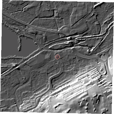 Shaded relief map of the ground around WD31LU, computed from Environment Agency LiDAR. The ground here sits at about 47 m above sea level and falls 42 m across the surrounding 800 m. Surface water reaching this point runs off ground lying to the south-east, 40.2 m higher.