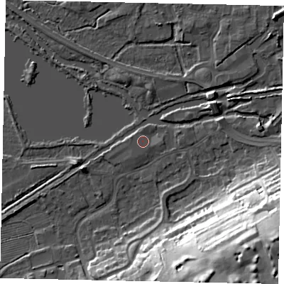 Shaded relief map of the ground around WD31LX, computed from Environment Agency LiDAR. The ground here sits at about 47 m above sea level and falls 39 m across the surrounding 800 m. Surface water reaching this point runs off ground lying to the south-east, 1.5 m higher.
