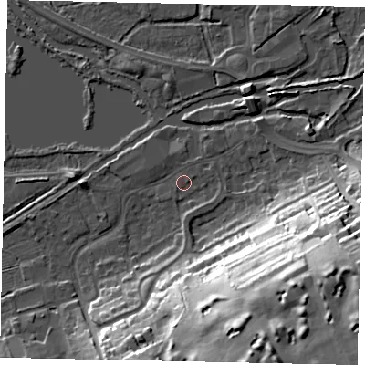 Shaded relief map of the ground around WD31LZ, computed from Environment Agency LiDAR. The ground here sits at about 46 m above sea level and falls 41 m across the surrounding 800 m. The ground contributing surface water to this point lies to the east-north-east.