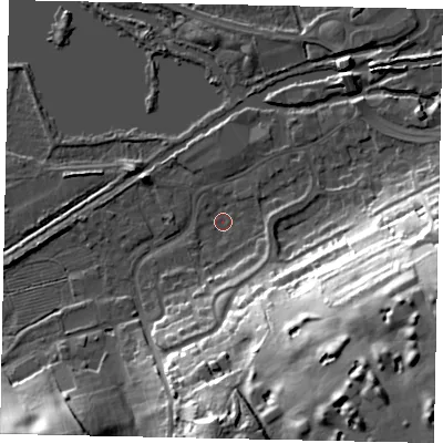 Shaded relief map of the ground around WD31NA, computed from Environment Agency LiDAR. The ground here sits at about 45 m above sea level and falls 41 m across the surrounding 800 m. Surface water reaching this point runs off ground lying to the south, 8.3 m higher.