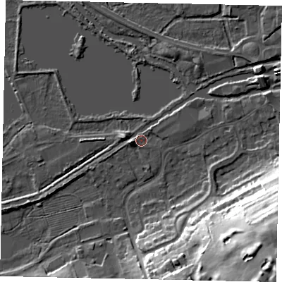 Shaded relief map of the ground around WD31NB, computed from Environment Agency LiDAR. The ground here sits at about 46 m above sea level and falls 37 m across the surrounding 800 m. Surface water reaching this point runs off ground lying to the west-south-west, 3.0 m higher.