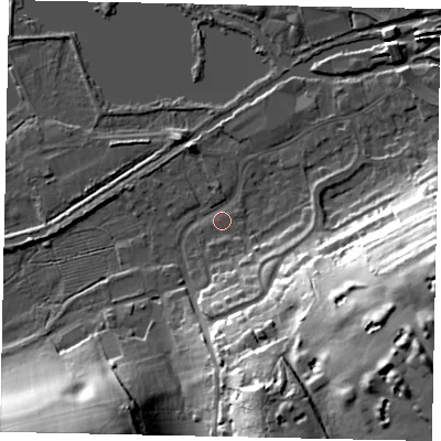 Shaded relief map of the ground around WD31ND, computed from Environment Agency LiDAR. The ground here sits at about 46 m above sea level and falls 38 m across the surrounding 800 m. Surface water reaching this point runs off ground lying to the south-south-east, 8.3 m higher.