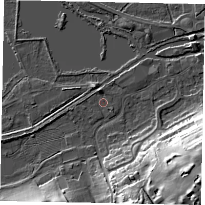 Shaded relief map of the ground around WD31NE, computed from Environment Agency LiDAR. The ground here sits at about 46 m above sea level and falls 37 m across the surrounding 800 m. Surface water reaching this point runs off ground lying to the north-north-west, 3.3 m higher.