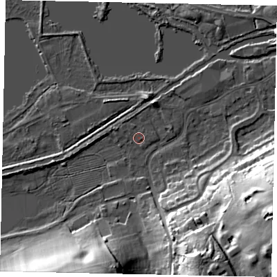 Shaded relief map of the ground around WD31NF, computed from Environment Agency LiDAR. The ground here sits at about 46 m above sea level and falls 34 m across the surrounding 800 m. Surface water reaching this point runs off ground lying to the west-north-west, 0.8 m higher.